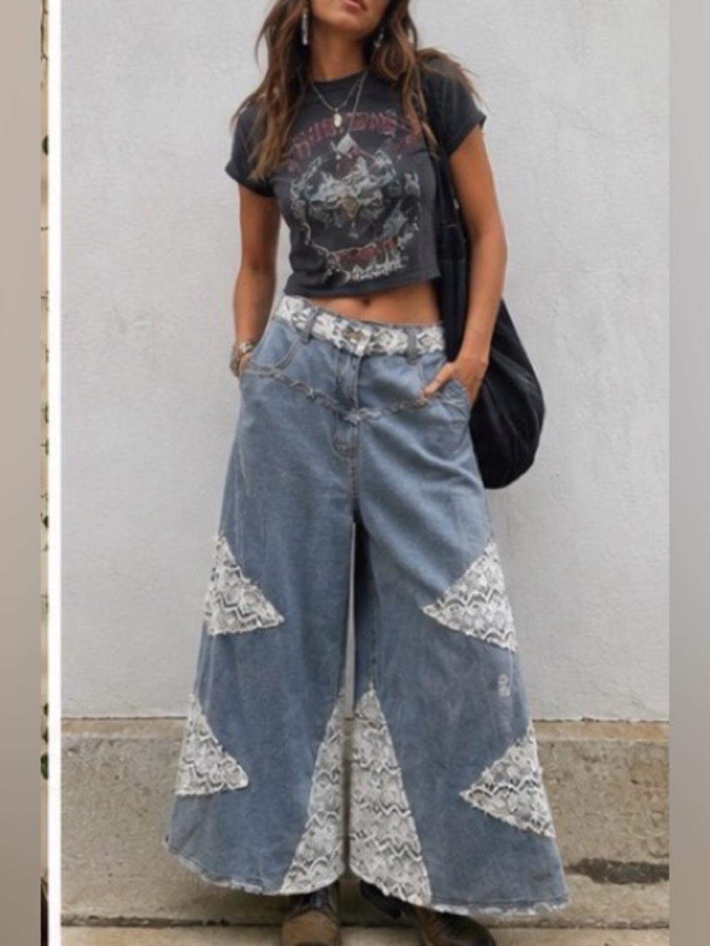 Pol Boho super Wide-Leg flare lace appliqués Patchwork Denim blue jeans Pants M